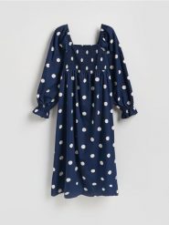 Bawełniana sukienka w groszki - granatowy. Niebieskie sukienki damskie Reserved, l, bez wzorów, z bawełny, bez kołnierzyka, bez ramiączek. Za 199.99 zł.