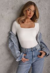 Biała Bluzka z Elastycznego Materiału o Kwadratowym Dekolcie z Wiskozą Nemosa. Białe bluzki damskie Renee, l, bez wzorów, z jeansu, bez kołnierzyka, bez ramiączek. Za 89.99 zł.