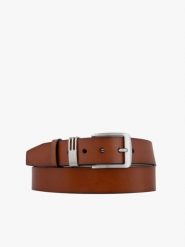 Rudy pasek ze skóry licowej. Brązowe paski męskie Brawo sp. z o.o., bez wzorów, z denimu, eleganckie. Za 129.99 zł.