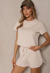 Jasnobeżowy Bawełniany T-shirt o Fasonie Cropped Galionela. Brązowe t-shirty damskie Renee, l, bez wzorów, z bawełny, bez kołnierzyka. Za 59.99 zł.