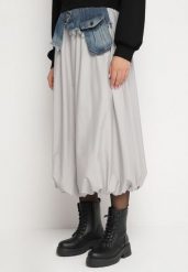 Szara Spódnica Bombka z Jeansową Wstawką i Kieszeniami Ansaella. Szare spódniczki damskie Born2be, m, bez wzorów, z jeansu, eleganckie, midi, bombki. Za 89.99 zł.
