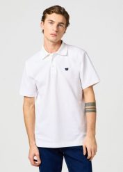 MESKA KOSZULKA POLO WRANGLER POLO SHIRT BRIGHT WHITE 112362386. Białe koszulki polo męskie Wrangler, s, bez wzorów, bez ramiączek. Za 99.99 zł.