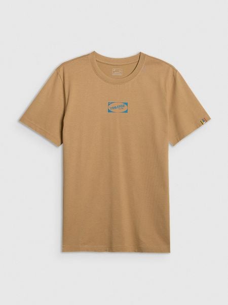 4F T-shirt regular z nadrukiem męski - beżowy L. Brązowe t-shirty męskie 4f, l, bez wzorów, z bawełny, bez kołnierzyka. Za 79.99 zł.