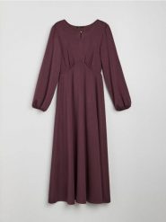 Sukienka midi z bufiastymi rękawami i marszczeniem z wiskozą - bordowy. Czerwone sukienki damskie Sinsay, l, bez wzorów, z wiskozy, bez kołnierzyka, bez ramiączek, midi. Za 59.99 zł.