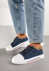 Granatowe Skórzane Trampki na Płaskiej Podeszwie ze Skórzaną Wkładką i Kontrastowym Noskiem Helili. Niebieskie trampki i tenisówki damskie Born2be, bez wzorów, z jeansu. Za 79.99 zł.