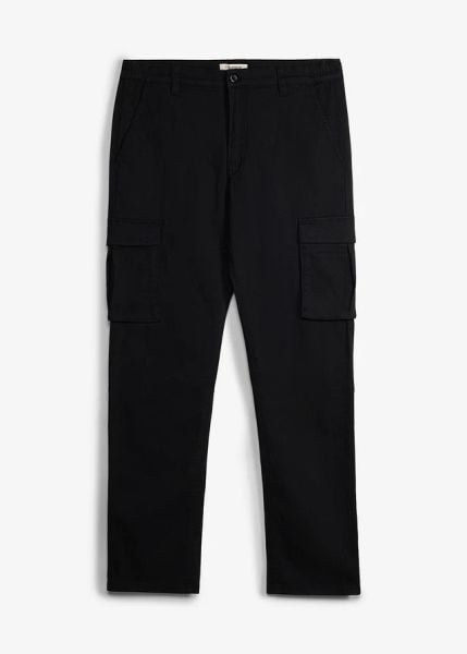 Spodnie bojówki ze stretchem, classic fit, z elastyczną wstawką w pasie, prosta nogawka. Czarne spodnie materiałowe męskie bonprix, bez wzorów. Za 149.99 zł.