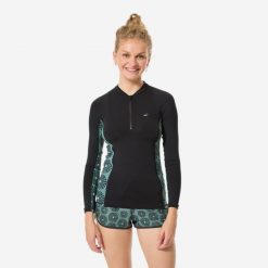 Top UV surfingowy damski Decathlon Sunny długi rękaw. Czarne topy sportowe damskie Decathlon, m, bez wzorów, z elastanu, bez ramiączek. Za 79.99 zł.