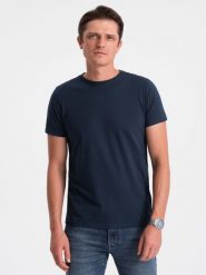 Klasyczny T-shirt męski bawełniany BASIC - granatowy V2 OM-TSBS-0146 - XXL. Niebieskie t-shirty męskie Ombre Clothing, l, bez wzorów, z bawełny, bez kołnierzyka. W wyprzedaży za 24.99 zł.