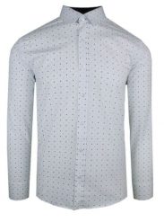 Męska, Taliowana (Slim Fit) Koszula Wizytowa - Rigon - Biała w Niebieskie Groszki. Białe koszule męskie Rigon, m, bez wzorów, z bawełny, bez kołnierzyka, bez ramiączek. Za 129.00 zł.