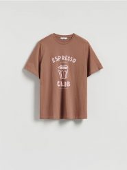 T-shirt z nadrukiem - brązowy. Brązowe t-shirty damskie Reserved, l, bez wzorów, z bawełny, bez kołnierzyka. Za 59.99 zł.