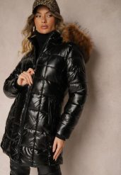 Czarno-Brązowa Kurtka z Pikowaniem i Odpinanym Kapturem Ozdobiona Futerkiem Izarella. Czarne kurtki damskie Renee, l, bez wzorów, z jeansu. Za 209.99 zł.