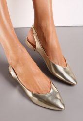 Złote Pudrowe Sandały Slingback z Noskiem w Szpic Arrilla. Żółte sandały damskie Born2be, bez wzorów, bez obcasa, na płaskiej podeszwie. Za 49.99 zł.