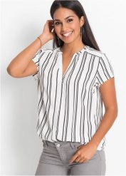 Bluzka z krótkim rękawem z czystej wiskozy. Białe bluzki damskie bonprix, bez wzorów, z wiskozy, eleganckie, bez kołnierzyka, bez ramiączek. Za 79.99 zł.