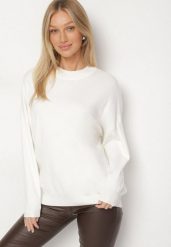 Biały Gładki Sweter z Rękawami Typu Nietoperz Ralanevia. Białe swetry klasyczne damskie Born2be, l, bez kołnierzyka. Za 79.99 zł.