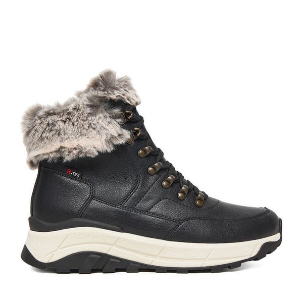 Trzewiki Rieker. Czarne botki damskie Rieker, bez obcasa, na płaskiej podeszwie, bez zapięcia. Za 389.99 zł.