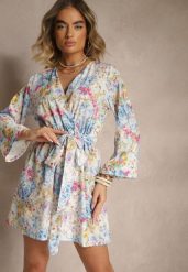 Jasnoniebieski Kopertowy Kombinezon z Wiązanym Paskiem i Rozszerzanymi Rękawami Telurea. Niebieskie kombinezony damskie Renee, bez wzorów, eleganckie, bez kołnierzyka, bez ramiączek. Za 89.99 zł.