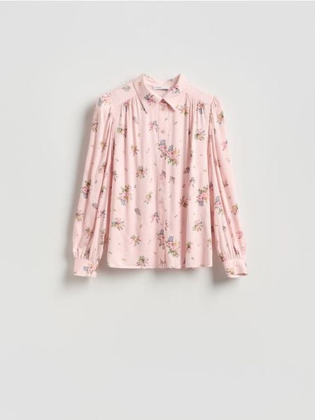 Wzorzysta koszula z wiskozy - pastelowy róż. Czerwone koszule damskie Reserved, l, bez wzorów, z wiskozy, bez kołnierzyka, bez ramiączek. Za 139.99 zł.