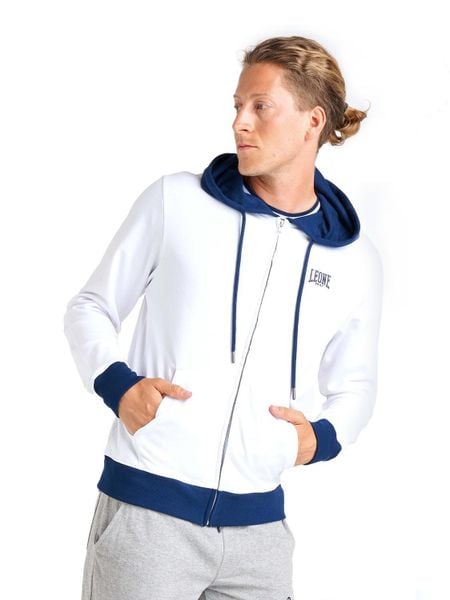 Bluza z bawełna z kaptur na siłownia na czas wolny. Niebieskie bluzy sportowe męskie LEONE 1947 APPAREL, bez wzorów, z bawełny, bez kołnierzyka, bez ramiączek. Za 126.26 zł.