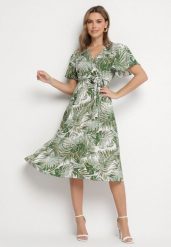 Ciemnozielona Kopertowa Sukienka z Bawełną o Rozkloszowanym Kroju z Paskiem Aulinea. Zielone sukienki damskie Born2be, na co dzień, l, bez wzorów, z bawełny, eleganckie, bez kołnierzyka, bez ramiączek, midi, kopertowe. W wyprzedaży za 51.99 zł.