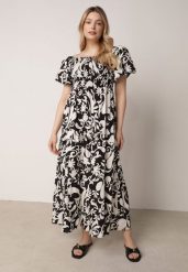Czarna Rozkloszowana Sukienka z Wiskozy z Bufiastymi Rękawami w Roślinny Wzór Semea. Czarne sukienki damskie Born2be, do pracy, bez wzorów, z materiału, biznesowe, bez kołnierzyka, bez ramiączek, maxi, proste. Za 89.99 zł.