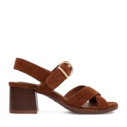 Sandały JENNY. Brązowe sandały damskie Jenny, bez wzorów, bez obcasa, na słupku. Za 129.99 zł.