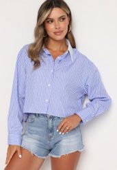 Niebieska Klasyczna Koszula w Paski Ozdobiona Kieszeniami i Cyrkoniami Zandrea. Niebieskie koszule damskie Born2be, m, z aplikacjami, biznesowe, bez kołnierzyka, bez ramiączek. Za 99.99 zł.