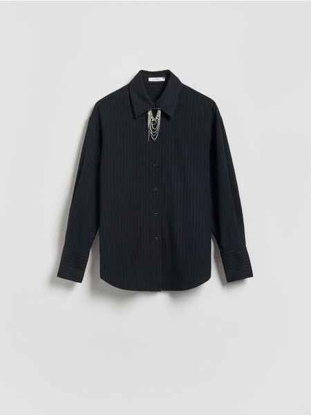 Koszula w prążek - szary. Szare koszule damskie Reserved, l, bez wzorów, z tkaniny, bez kołnierzyka, bez ramiączek. Za 159.99 zł.