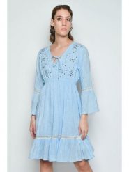 H.H.G. Sukienka w kolorze błękitnym rozmiar: L. Niebieskie sukienki damskie H.H.G., l, bez wzorów, z bawełny, bez kołnierzyka, bez ramiączek, midi. Za 79.03 zł.