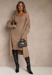 Ciemnobeżowy Dzianinowy Komplet z Wełną Prążkowana Sukienka i Długi Kardigan Falonessa. Brązowe sukienki damskie Renee, bez wzorów, z dzianiny, eleganckie, bez kołnierzyka, bez ramiączek, maxi, dopasowane. Za 159.99 zł.
