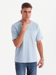Męski t-shirt LOOSE FIT z kieszonką – błękitny V4 OM-TSCT-0171 - XXL. Niebieskie t-shirty męskie Ombre Clothing, l, z aplikacjami, z bawełny, bez kołnierzyka. W wyprzedaży za 24.99 zł.