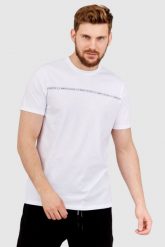 ARMANI EXCHANGE Biały t-shirt męski z paskiem z logo. Białe t-shirty męskie Armani Exchange, l, bez wzorów, prążkowane, bez kołnierzyka. W wyprzedaży za 159.99 zł.