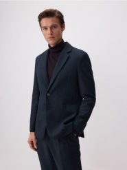 Marynarka slim fit z domieszką wełny - granatowy. Niebieskie marynarki męskie Reserved, bez wzorów, z tkaniny. W wyprzedaży za 159.99 zł.
