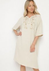 Jasnobeżowa Sukienka Pudełkowa z Guzikami i Ozdobnymi Haftami Jenivanea. Brązowe sukienki damskie Born2be, na co dzień, l, z aplikacjami, eleganckie, bez kołnierzyka, bez ramiączek, midi. Za 89.99 zł.