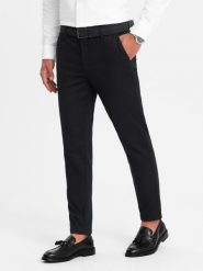 Spodnie męskie chino SLIM FIT z delikatną teksturą - czarne V5 - Rozmiar: L. Czarne spodnie materiałowe męskie Ombre Clothing, bez wzorów, z bawełny. W wyprzedaży za 199.99 zł.