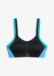 Biustonosz sportowy wyściełany o średnim stopniu podtrzymywania. Czarne biustonosze sportowe damskie bonprix, bez wzorów. Za 37.99 zł.