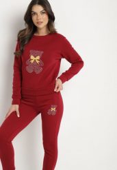 Bordowy Bawełniany Komplet Dresowy z Ociepleniem i Misiem Bluza i Spodnie z Gumką w Pasie Nelasina. Czerwone bluzy bez kaptura damskie Born2be, m, z bawełny. Za 89.99 zł.