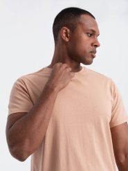 Klasyczny T-shirt męski bawełniany BASIC - cielisty V9 OM-TSBS-0146 - XXL. Brązowe t-shirty męskie Ombre Clothing, l, bez wzorów, z bawełny, bez kołnierzyka. W wyprzedaży za 24.99 zł.