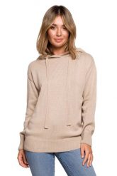 Sweter z Kapturem w Formie Bluzy - Beżowy. Brązowe swetry klasyczne damskie MOE, l, z bawełny, bez kołnierzyka. Za 238.90 zł.
