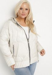 Biała Kurtka Dwustronna z Kapturem i Ozdobnym Pikowaniem Helritis. Białe kurtki damskie Born2be, plus size, bez wzorów, z jeansu, z kapturem. Za 219.99 zł.