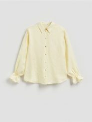 Koszula z lnem - jasnożółty. Żółte koszule damskie Reserved, l, bez wzorów, z tkaniny, bez kołnierzyka, bez ramiączek. Za 129.99 zł.