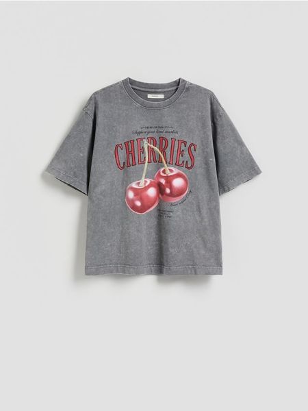 Bawełniany t-shirt oversize - ciemnoszary. Szare t-shirty damskie Reserved, l, bez wzorów, z bawełny, bez kołnierzyka. Za 59.99 zł.