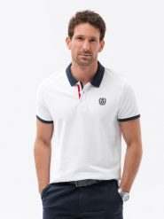 Męska koszulka polo z kolorowymi akcentami – biała V2 OM-POSS-0105 - XXL. Białe koszulki polo męskie Ombre Clothing, l, z dzianiny, bez ramiączek. W wyprzedaży za 79.99 zł.