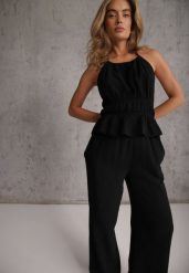 Czarny Letni Komplet z Bawełny Spodnie Wide Leg i Bluzka Halter z Wiązaniem Apomeda. Czarne spodnie materiałowe damskie Renee, bez wzorów, z bawełny, casualowe. Za 169.99 zł.