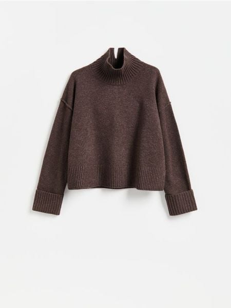 Wełniany sweter - ciemnobrązowy. Brązowe swetry klasyczne damskie Reserved, l, z dzianiny, bez kołnierzyka. Za 259.99 zł.