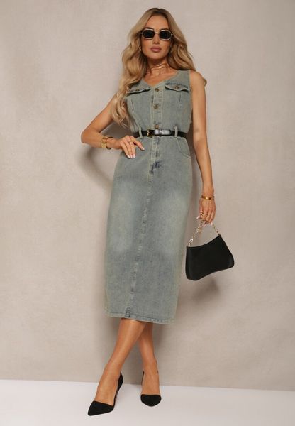 Jasnoniebieska Sukienka z Jeansu Bez Rękawów z Paskiem w Talii Iberia. Niebieskie sukienki damskie Renee, na co dzień, l, bez wzorów, z jeansu, eleganckie, bez kołnierzyka, bez ramiączek, midi, dopasowane. Za 109.99 zł.