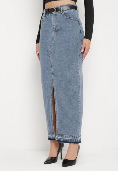 Granatowa Spódnica Jeansowa o Ołówkowym Kroju z Rozcięciem z Przodu Ramalla. Niebieskie spódniczki damskie Born2be, m, bez wzorów, z jeansu, biznesowe, maxi, koszulowe. Za 109.99 zł.