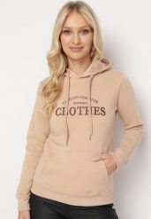 Beżowa Dzianinowa Bluza z Kapturem i Haftowanym Napisem Athendra. Brązowe bluzy z kapturem damskie Born2be, l, z dzianiny. Za 84.99 zł.
