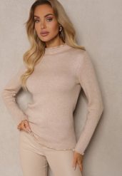Ciemnobeżowy Sweter z Wełną przy Dekolcie Ozdobiony Falbanką Seatoria. Brązowe swetry klasyczne damskie Renee, z jeansu, bez kołnierzyka. Za 79.99 zł.