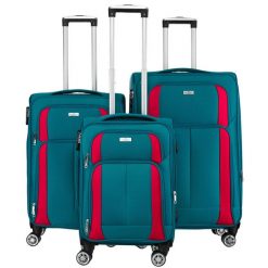 Zestaw walizek podróżnych w rozmiarach S, M i L w turkusowo-różowym Peterson PTN 5209-SET TUR-PIN. Czerwone walizki Peterson, bez wzorów, z materiału. Za 714.99 zł.