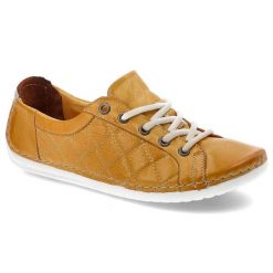 Półbuty damskie Maciejka, z naturalnej skóry z klasycznym sznurowaniem miękką cholewką oraz elastyczną podeszwą, żółte, 159307. Żółte półbuty damskie Maciejka, bez wzorów, ze skóry, biznesowe, bez obcasa. Za 179.00 zł.